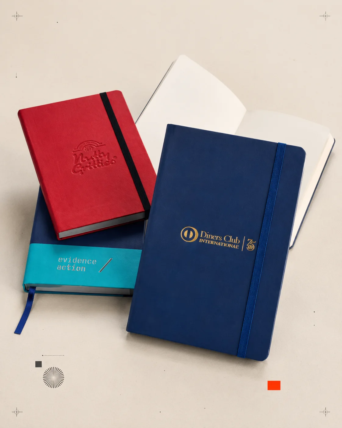 Custom printed hardcover notebooks with embossed and foil-stamped covers