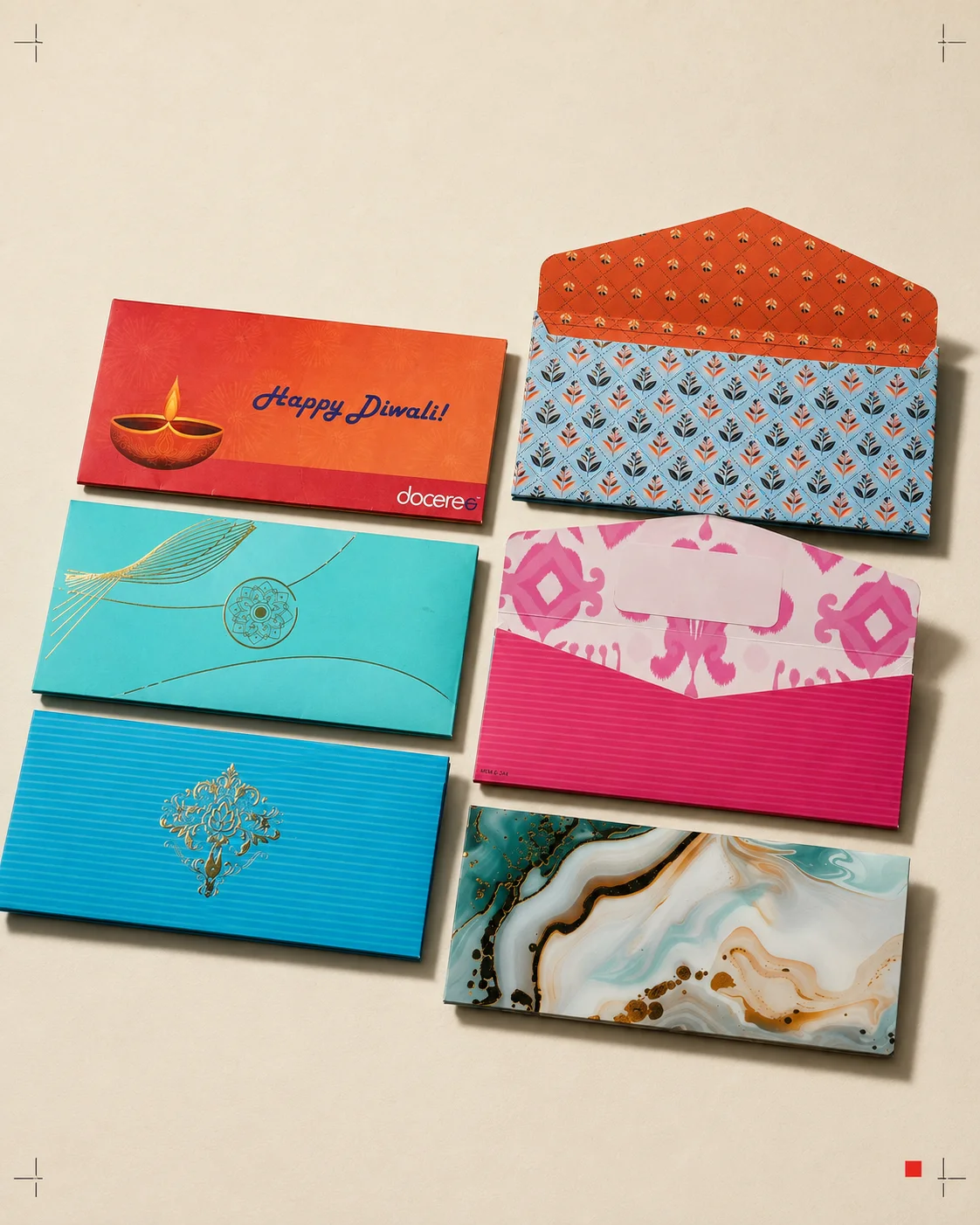 Collection of custom printed envelopes with foil and patterned finishes