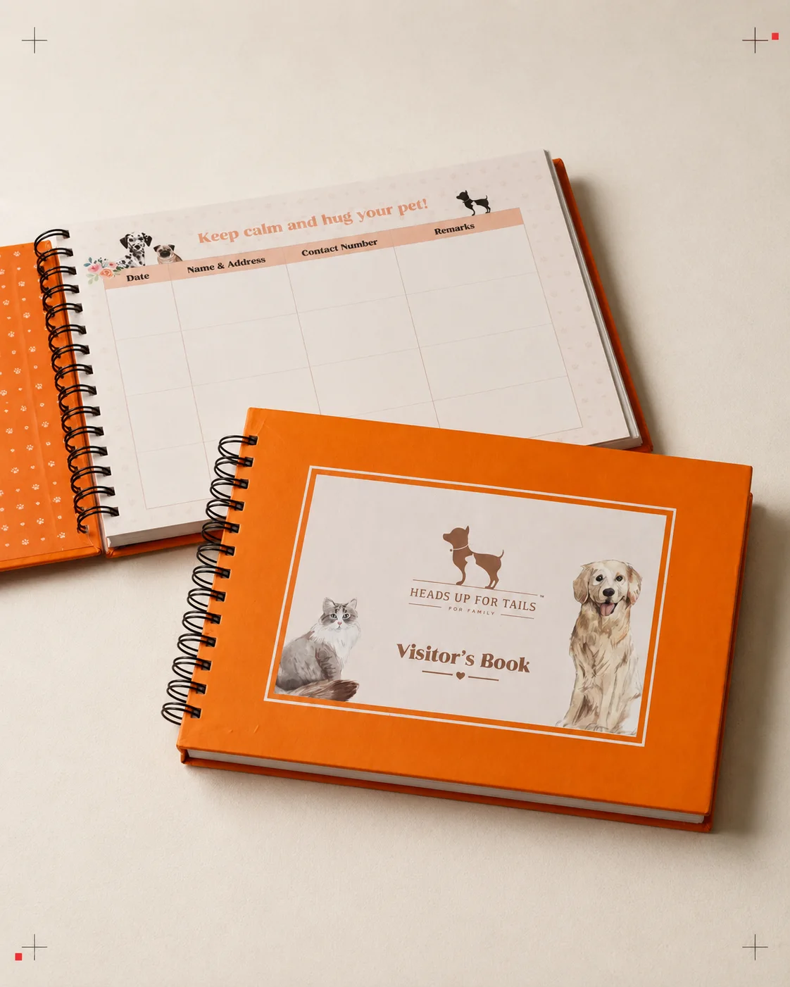 Orange Heads Up For Tails custom printed spiral-bound visitor books