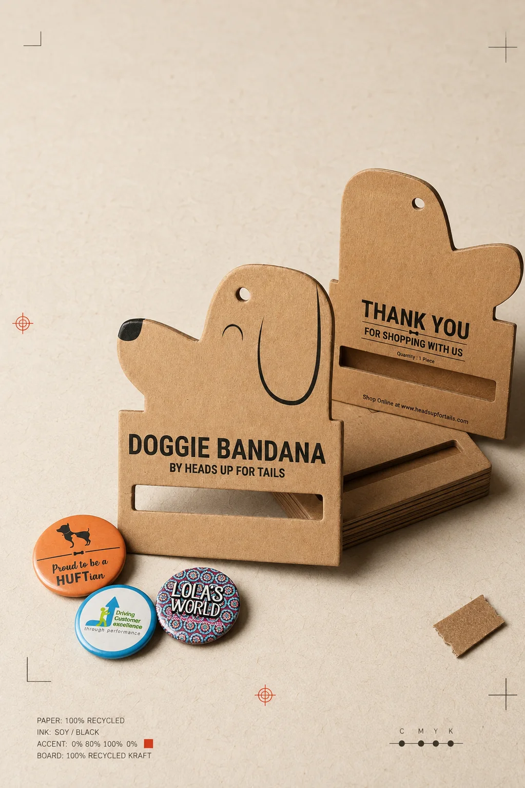 Die-cut kraft retail product hangers and printed promotional badges