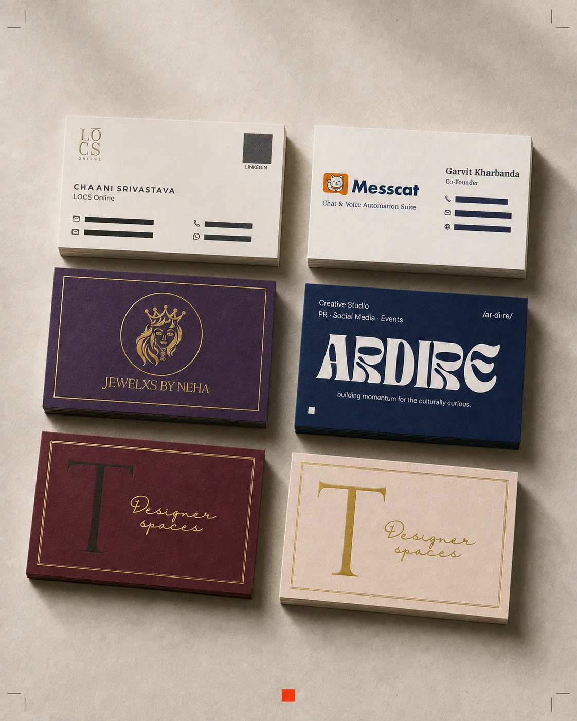 Collection of custom business cards with textured stocks and foil print finishes